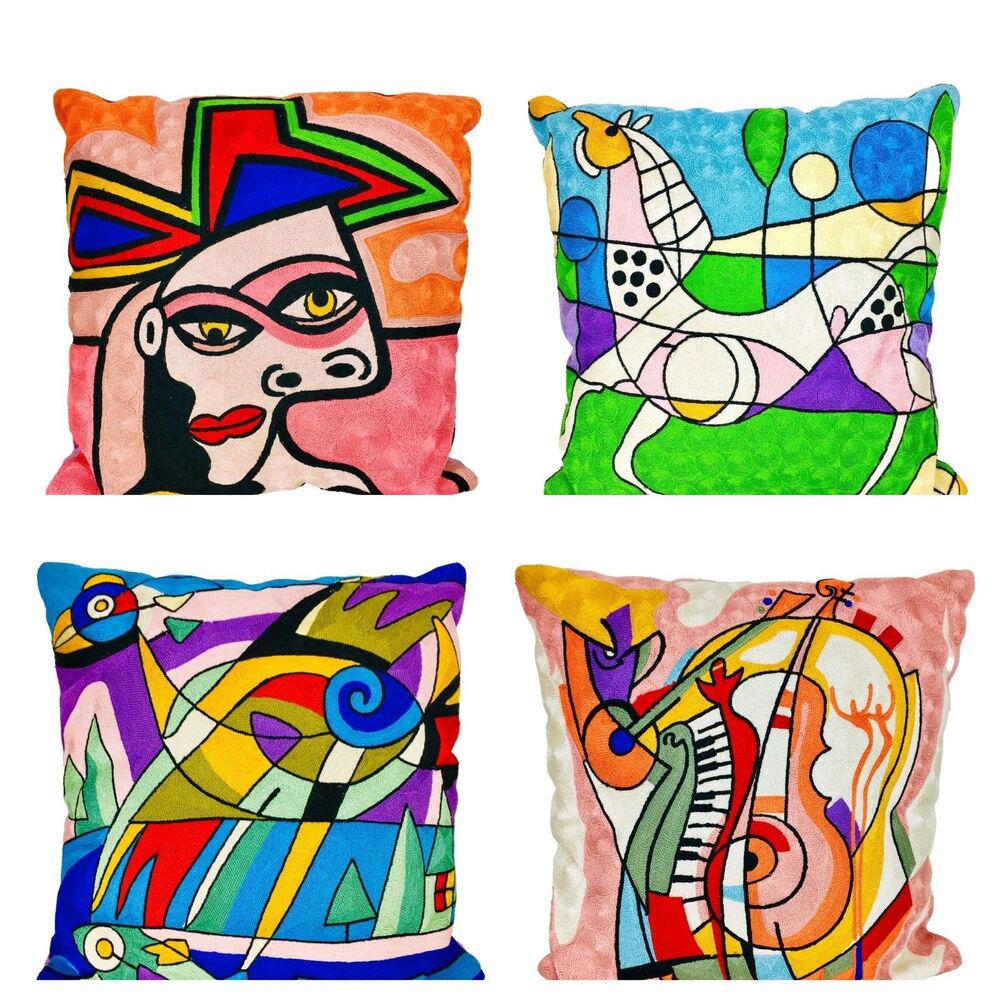 VTG Velvet Picasso Abstract Cubism 4 Throw Toss Pillows Colorful Art Embroidered